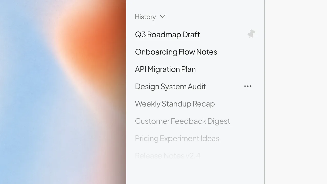 History list with a pinned conversation and the actions menu open