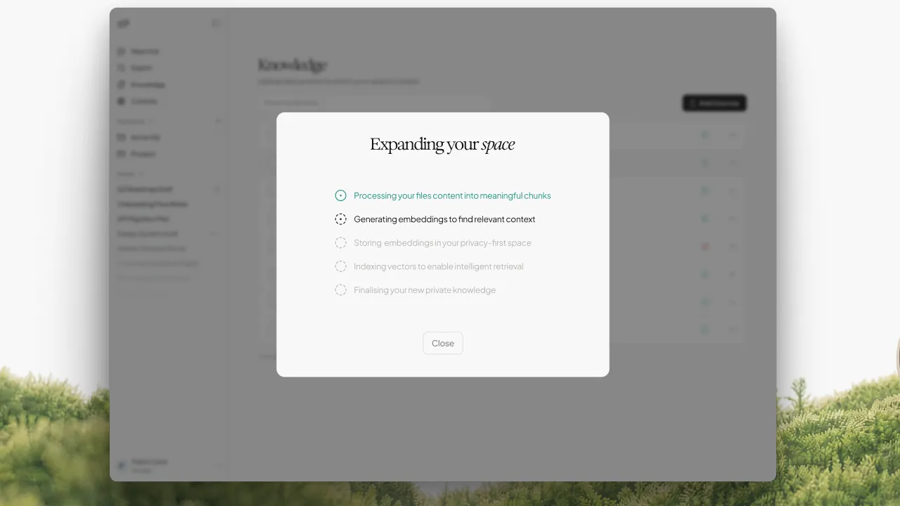 Processing modal after adding sources, showing indexing stages from chunks to private knowledge