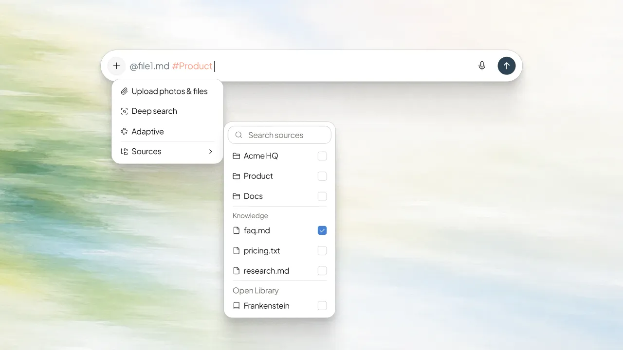 Chat input with document and Space mentions and the sources menu open